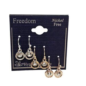 Freedom Hypoallergenic Nickel Free Drop Earrings Set In Silver Gold & Rose Tone